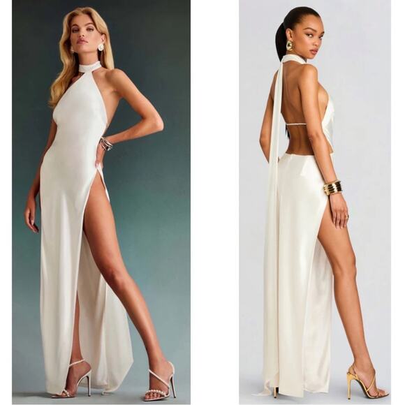 Retrofete Jagger Halterneck High Slit Open Back Satin White Maxi Dress Sz Small - Picture 1 of 9